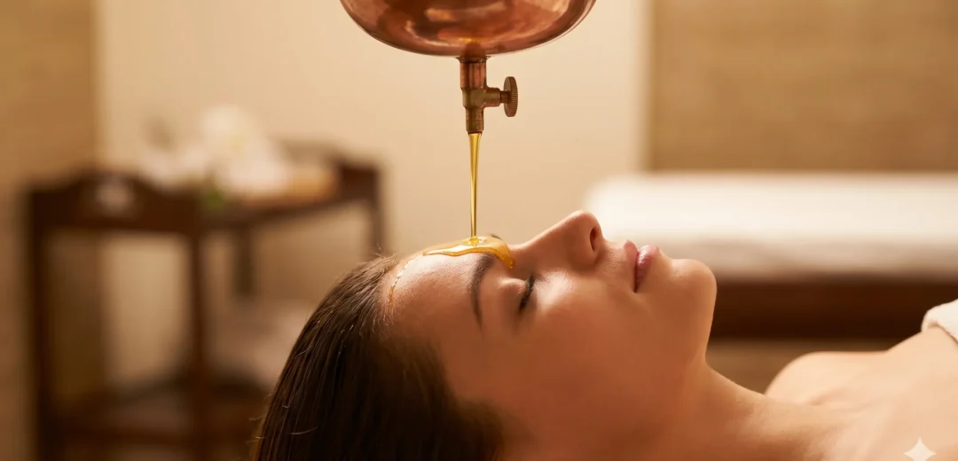 Close-up of a relaxing Shirodhara Ayurvedic therapy session with warm oil gently pouring on a client's forehead at Pranah Ayurveda, Jumeirah Lakes Towers, Dubai.